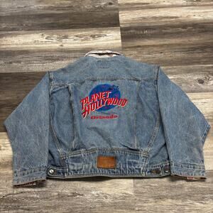 Vintage 90s Planet Hollywood Orlando Blue Mens L Denim Jean Trucker Jacket
